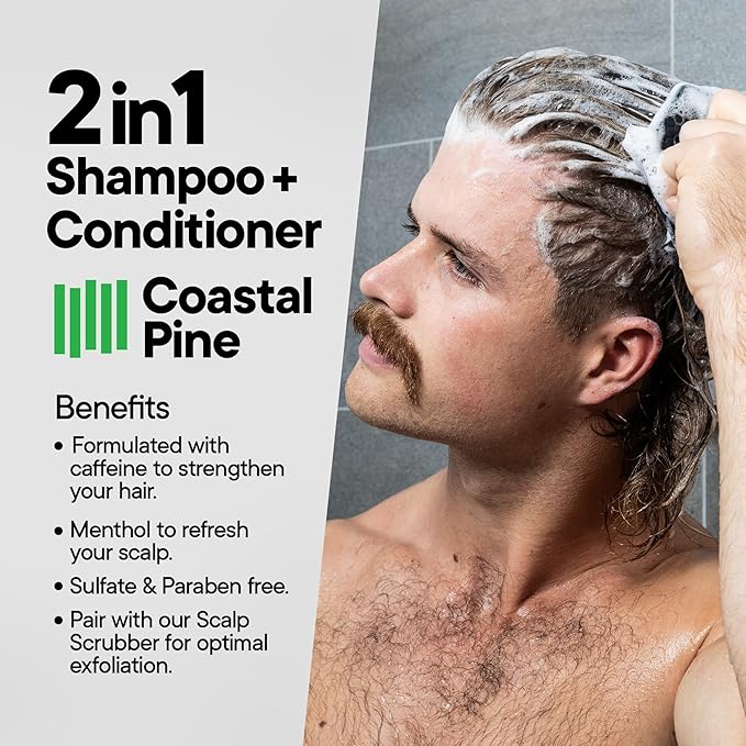 TOOLETRIES 2-in-1 Coastal Pine Men's Shampoo and Conditioner - Pine Scented Hair Wash with Menthol and Caffeine to Promote Hair Growth, Sulfate and Paraben Free - 10.1 oz / 300ml