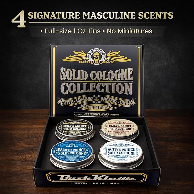 Premium Prince Solid Cologne 1 oz Variety Gift Set Alcohol Free Natural Concentrated Full Size Travel Friendly Tins Men's Fragrance 4 Manly Scents to Satisfy all Types of Viking Cannon Black Prime