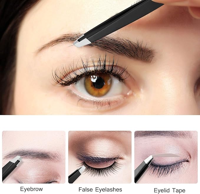 HAWATOUR Tweezers Set, 4Pcs Eyebrows Tweezers & 1Pc Scissor with Leather Case, Great Precision for Ingrown Hair, Facial Hair Removal, Black