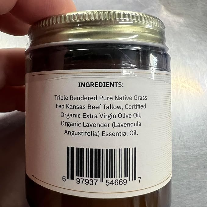 Grass Fed Beef Tallow Balm - 4 oz - Made in USA - Organic Grass Fed and Finished Tallow - Moisturizing Skin Care Lavender