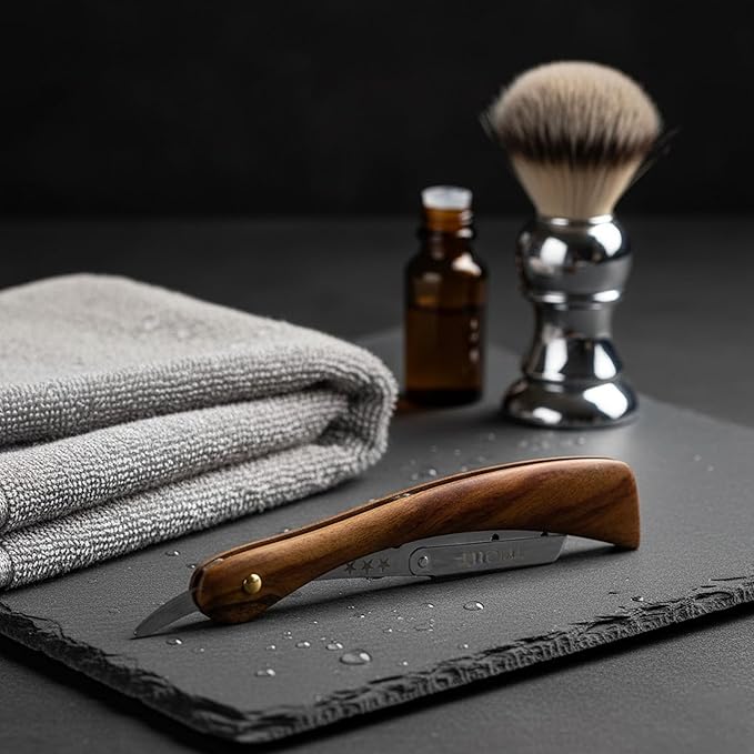Professional Straight Razor with Wooden Handle Stainless Steel Blade Holder Barber Shaving Razor for Men Folding Shavette with Star Design Salon & Home Use