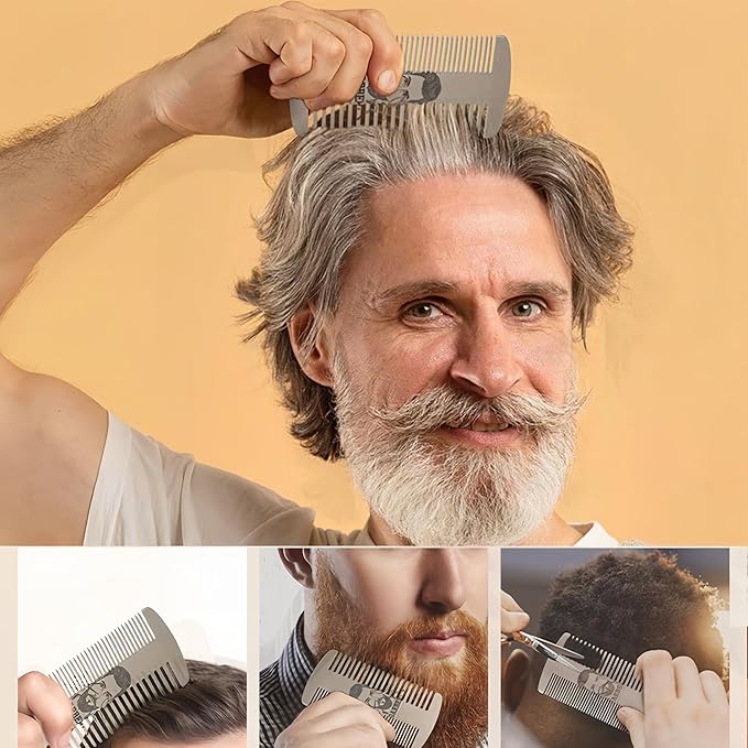 Metal Beard Mustache Comb for Men - Anti-Static Dual Action - Credit Card Size Stainless Steel EDC Comb, Lice Wallet Pocket, Fine Cutting Teasing Barber Hair Styling - Silver