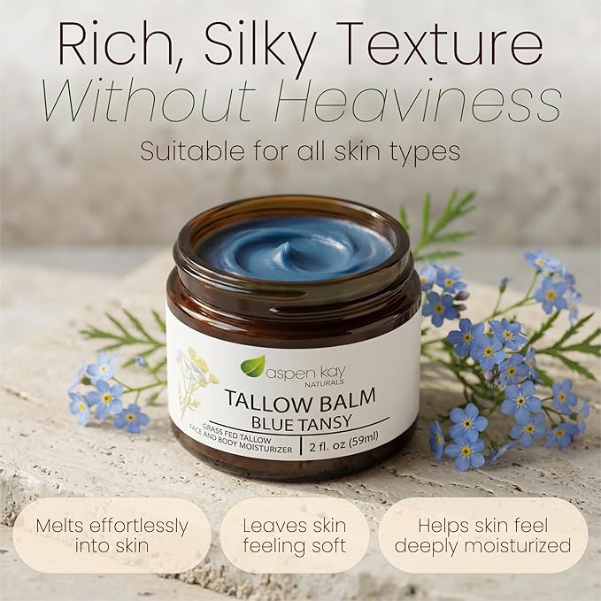 Aspen Kay Naturals Handmade 100% Grass Fed Beef Tallow Balm for Skin Care, With Organic Jojoba Oil + Chamomile (Blue Tansy) Organic Body Butter - 2 fl. oz. Made in USA