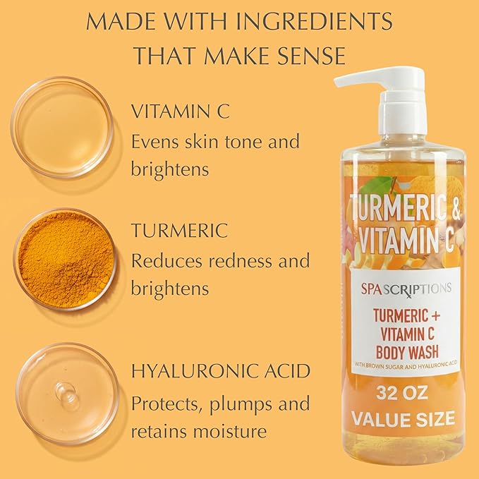SpaScriptions Turmeric & Vitamin C Body Wash – Brightening Gentle Cleansing Shower Gel Scrub With Hyaluronic Acid for Radiant Glowing Skin & Brown Sugar Exfoliation, Scented, Paraben Free, 32 fl oz