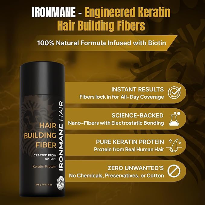 IRONMANE - Hair Fibers for Thinning Hair - Instantly Fuller-Looking Hair with 100% Natural Keratin + Biotin - Grey