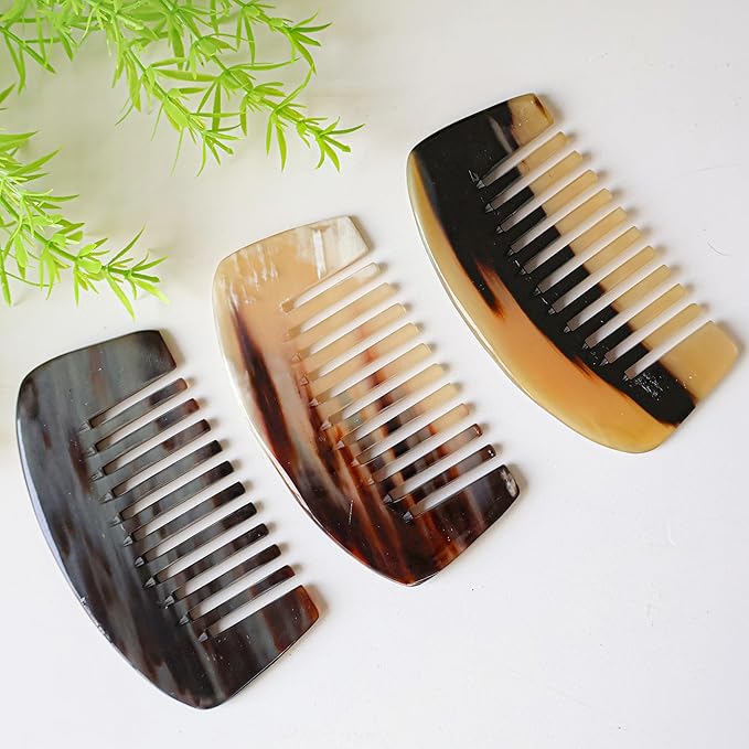 Natural Buffalo Horn Wide Tooth Comb, Ox Horn Anti Static, Buffalo Horn Wide Bone, Pocket and Travel Comb Size for Thick Curly Wavy Hair For Wet and Dry (Wide Comb)