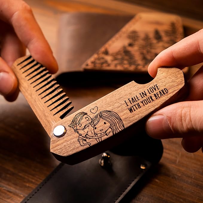 Beard Comb Personalized Gifts Anniversary Gift Wooden Brush Custom Comb Groomsmen Gift Hair Brush Pocket Brush Birthday Gift for Boyfriend (Walnut, Fall In Love)
