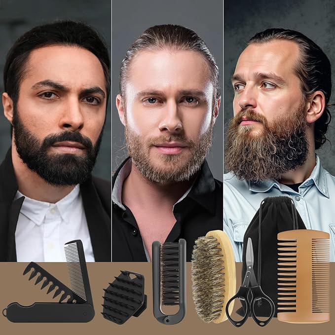 Beard Brush Beard Comb Set for Men, 7 IN 1 Facial Hair Grooming Kit with Boar Bristle Beard Brush, Wood Beard Comb, Silicone Soft Cleaning Brush, Mustache Scissors, Travel Foldable Beard Brush Comb