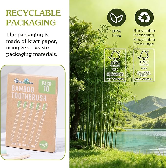 Bamboo Toothbrushes 10 Count Set, BPA Free Soft PBT Bristles, Natural Eco-Friendly Wooden Toothbrush, Organic Biodegradable Travel Tooth Brush for Adults
