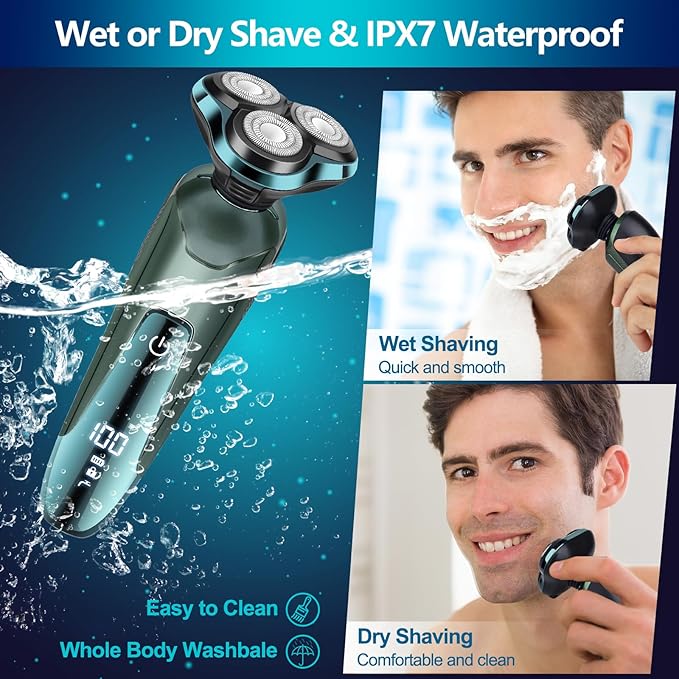 Electric Razor for Men, Electric Shavers for Men's Faces, Detachable Blade 3D Rotary for Shaving with Nose Trimmer Face Cleaning Brush Head Shavers, Wet/Dry/Waterproof Razors for Men Matte Green