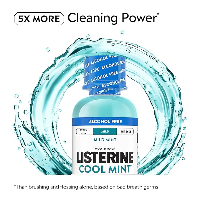 Listerine Cool Mint Alcohol-Free Mild Mouthwash, Oral Rinse Kills 99.9% of Germs that Cause Bad Breath, Less Intense Taste, Mild Mint Flavor, 3.2 fl. oz