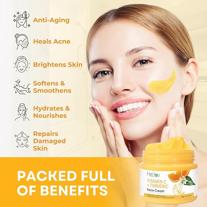 Turmeric Face Cream for Dark Spots – Natural Turmeric Skin Brightening Lotion for Face & Body – Cleanse Skin, Fight Acne, Even Tone, Clear Scars, Sun Damage, & Hyperpigmentation – 50g / 1.67oz