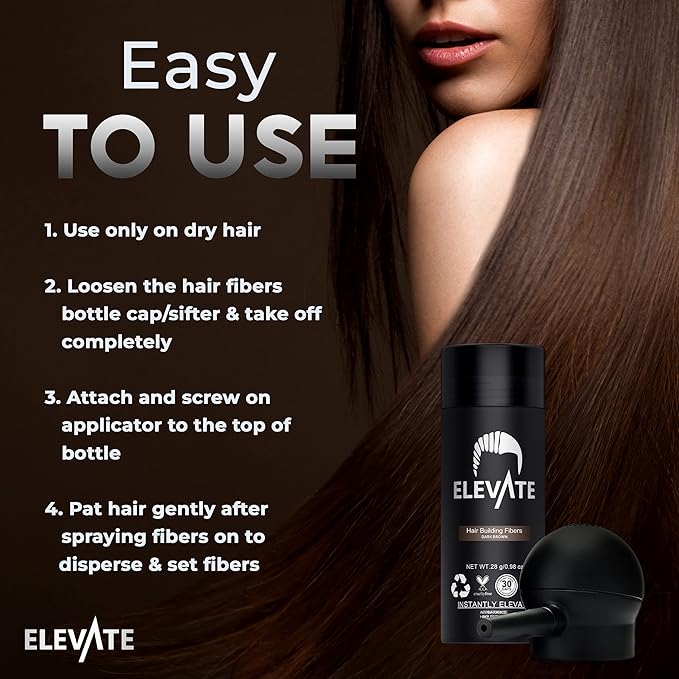 ELEVATE Hair Perfecting 2-in-1 Kit | Set Includes Natural Hair Thickening Fibers & Spray Applicator Pump Nozzle | Instantly Conceal & Thicken Thinning Balding Areas in Seconds Men & Women (Dark Brown)