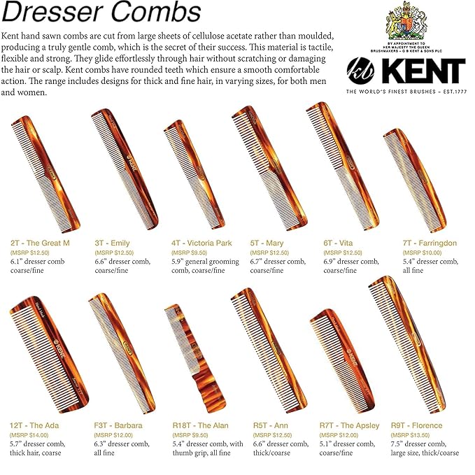 Kent R7T The APSLEY, Special Edition, Fine and Wide Tooth Hair Comb, Handmade Pocket Comb for Men, Best Beard and Mustache Combs for Everyday Grooming and Styling, Sawcut Handmade.