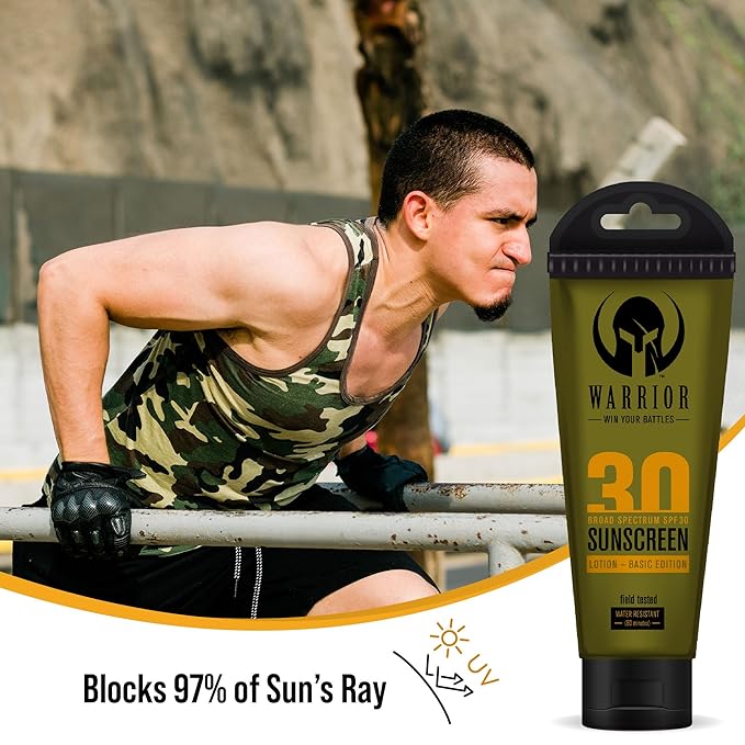 WARRIOR - WIN YOUR BATTLES- Sunscreen SPF 30 Lotion - Water & Sweat Resistant Body Lotion - 3 Oz 2 Pack | Burn Relief Gel for Skin Made in USA Aloe with Aloe Vera Gel - 4 Oz