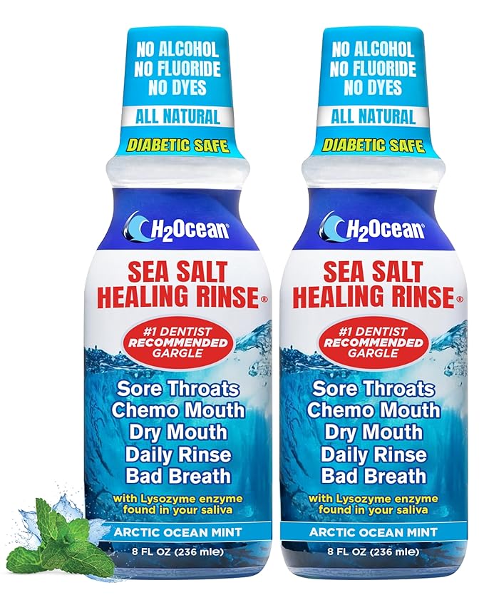 H2Ocean Healing Rinse Natural Sea Salt Whitening Mouthwash - Alcohol & Fluoride-Free Oral Care for Tonsil Stones, Sore Throats, Wisdom Teeth Recovery & Gum Health - Arctic Ocean Mint, 8 oz (Pack of 2)