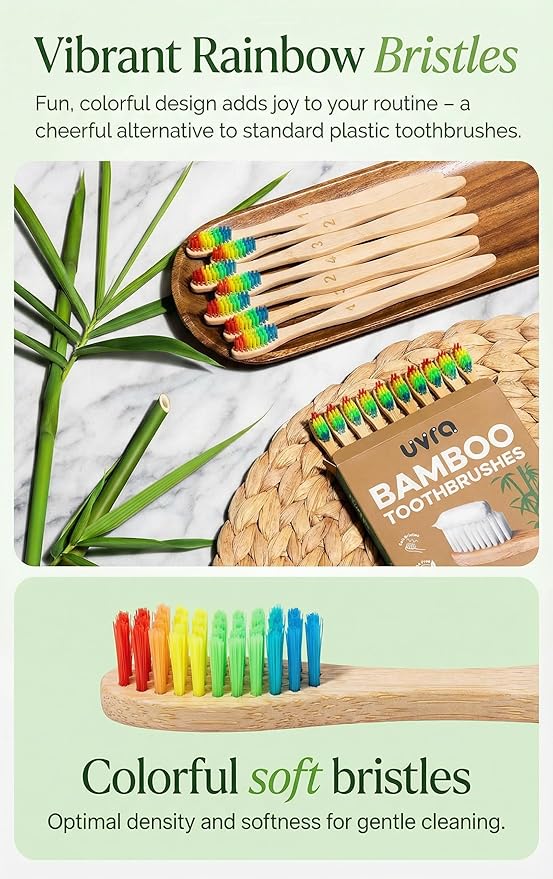 Bamboo Toothbrushes for Adults - 10 Pack Biodegradable Manual Toothbrushes Teeth Colorful Bristle Natural Bamboo Tooth Brush Dental Eco Wood Toothbrush (Rainbow)