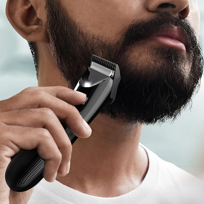 Groom Essentials Rechargeable Hair Trimmer, Body-Hair Shaver with Ceramic Blades, Adjustable 3-Setting Trimming Guide, 90-Minute Battery, Includes Trimmer Stand, Cleaning Brush, and USB Charging Cable