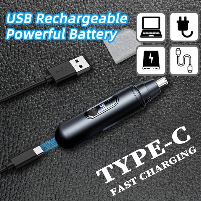 Ear & Nose Hair Trimmer, Professional Painless Eyebrow and Facial Hair Trimmer for Men and Women, C-Type Rechargeable, Waterproof Double Edged Blade Black