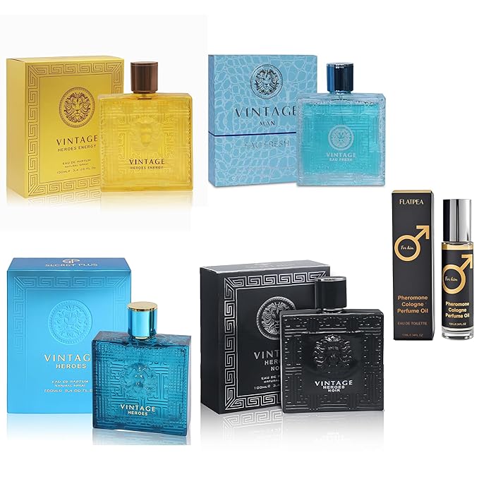 Men's Cologne Gift Set - Variety Pack of 4 Long Lasting Fragrances with 10ml Pheromone Cologne for Men Kit EDP/EDT (Vintage Heroes Noir/Vintage Hero/Vintage Man/Vintage Heroes Energy)