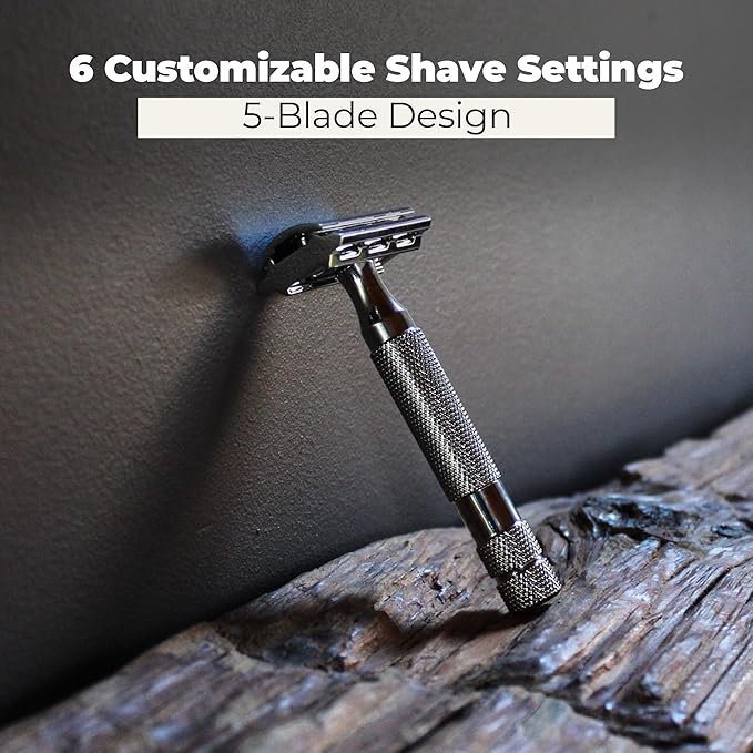 ROCKWELL RAZORS 2C Gunmetal Chrome Double Edge Safety Razor With Adjustable Shave Settings and 5 Fully Recyclable Razor Blades. Reusable Safety Razors for Men and Women