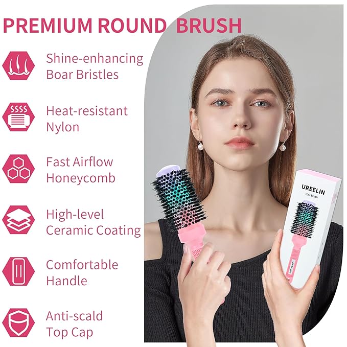 Round Brush for Blow Out - 1.7 Inch Nano Thermal Ceramic & Ionic with Boar Bristles - Salon Blow Drying Hair Brush for Drying,Volumizing, Curling, Shine & Smooth Styling