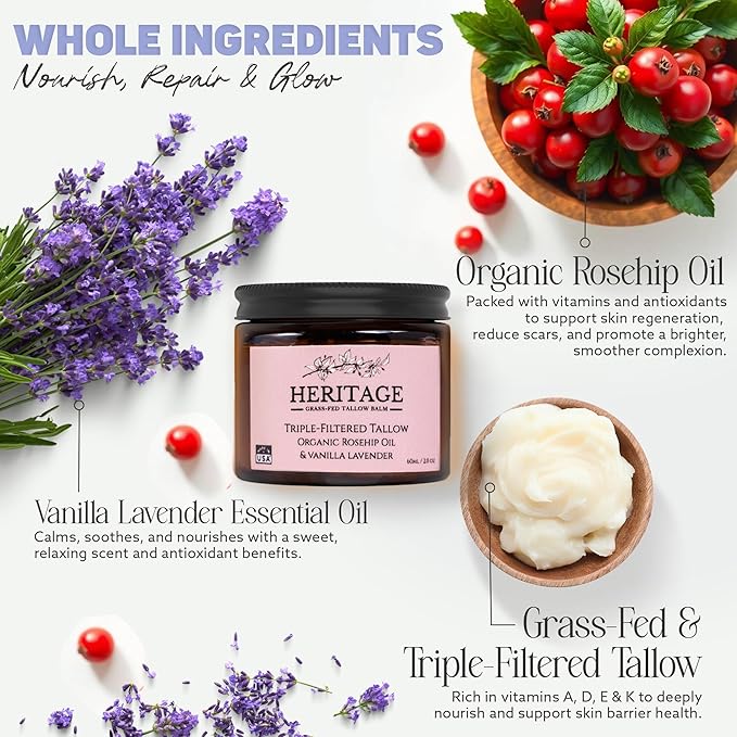 Whipped Beef Tallow for Skin Eczema - Infused Rosehip Oil & Lavender Essential Oil - Made in USA, Baby, Men, Women Natural Moisturizer for Body & Face, Wrinkle Repair Defense, Grass Fed Skincare 2 Oz