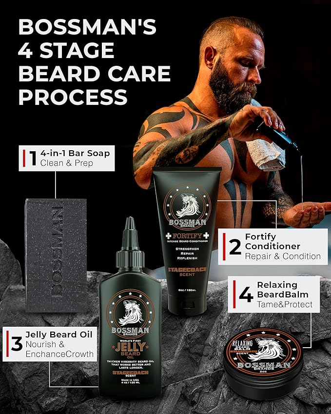 Bossman Complete Beard Kit – Men's Beard Oil Jelly, Fortifying Shower Conditioner, Balm, Mustache Wax & Comb – Beard Softener & Grooming Care (Gold Scent)
