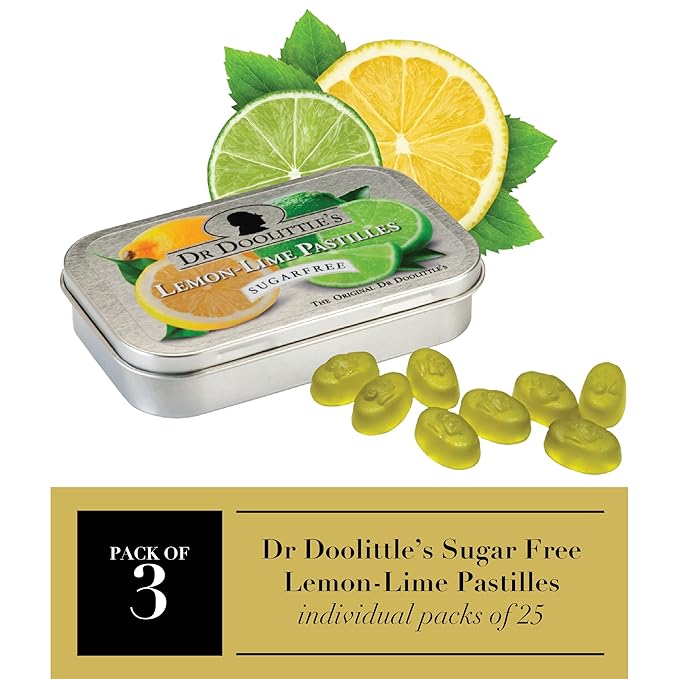 DOOLITTLE Dr Sugar Free Soft Fruit Pastilles for Voice and Throat, Lemon Lime Flavor, 2.12 Ounce Tin, Approximately 25 Count Package, 3 Pack