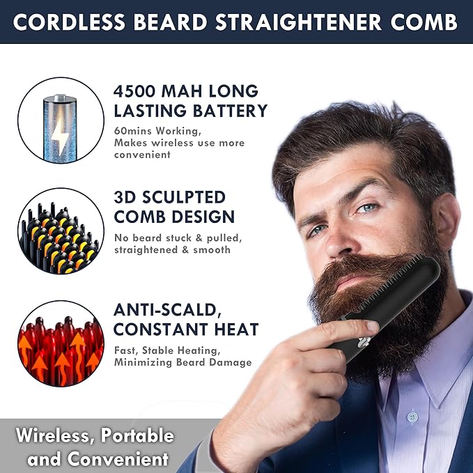 Beard Straightener for Men - Cordless Heated Beard Straightening Comb with LCD, Beard and Hair Straightener Brush Hot Comb, Anti-Scald & Automatic Shut-Off, Portable for Travel