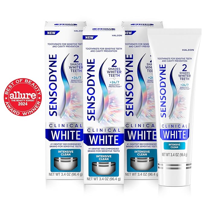 Sensodyne Clinical White Toothpaste Clinically Proven Whitening for Sensitive Teeth, Intensive Clean, 3.4 oz (3 Pack)