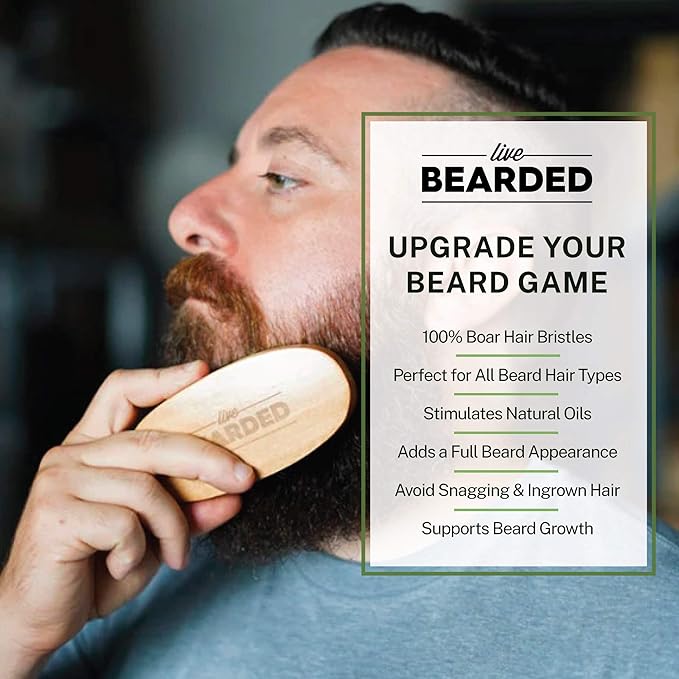 Live Bearded Premium All-Natural Boar Bristle Beard Brush - Real Wooden Handle - Supports Growth, Style Control and Oil Production - Tames Big, Wild Facial Hair - Easily Daily Grooming