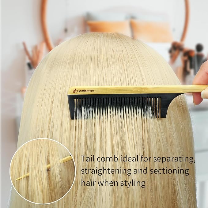 Bamboo Rat Tail Comb – Fine Tooth Hair Comb for Styling, Sectioning & Braiding, Anti-Static & Anti-Frizz, Eco-Friendly & Bakelite Durable Teasing & Parting Comb for Women, Men, Kid