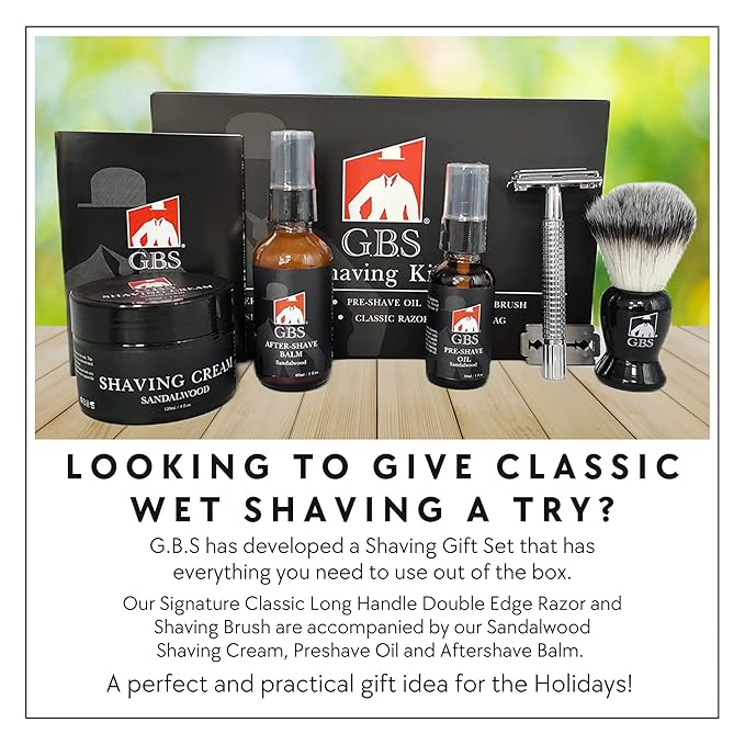 GENTS Complete Shaving Kit Gift Set for Men - Safety Razor with Sandalwood Shave Cream, Aftershave Balm, Pre-Shave Oil & Brush - Chriistmas Gift