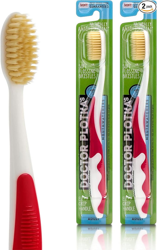 MOUTHWATCHERS Soft Flossing Manual Toothbrush for Adults, 2 Pack, Red, Ultra Clean, Good for Sensitive Teeth and Gums, by Dr. Plotka's
