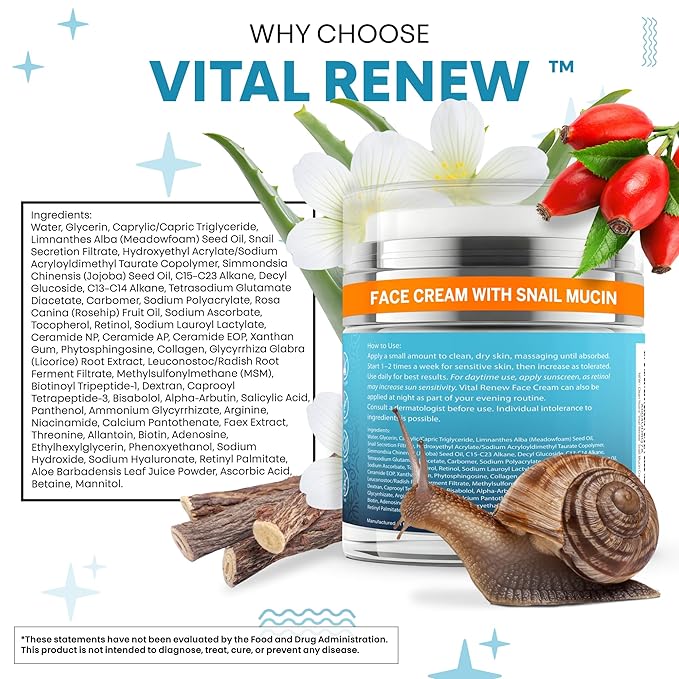 Vital Renew Snail Mucin Collagen Face Cream Daily Moisturizer Retinol Anti Aging Face Cream Niacinamide Peptides Hyaluronic Acid Vitamin C MSM Tripeptides Ceramides Licorice Arginine Aloe Vera