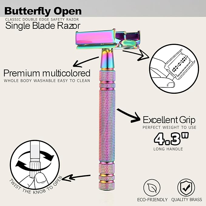 WEISHI Butterfly Open Double Edge Safety Razor for Men and Women, Elegant Rainbow Color Handle with 5 Stainless Razor Blades Included, Reusable Wet Shave Tool for Smooth, Close Shave