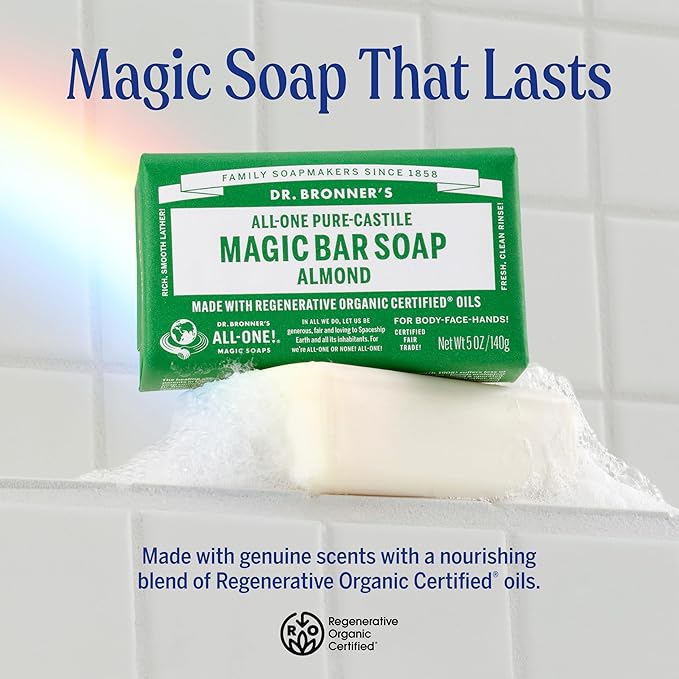 Dr. Bronner's Pure-Castile Magic Bar Soap - Made with Regenerative Organic Certified Oils - For Face, Body, Hair - Gentle Cleanse - Vegan Bath Soap Bars for Men & Women - Almond, 2 pack, 5 oz
