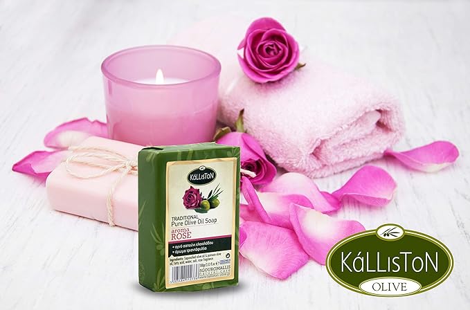 Kalliston, Rose Soap made with Pure Olive Oil, Rose Extract, All Natural for Smooth Skin, Hypoallergenic, Cruelty Free, Crafterd in Ancient Crete, Greece, Pack of 4