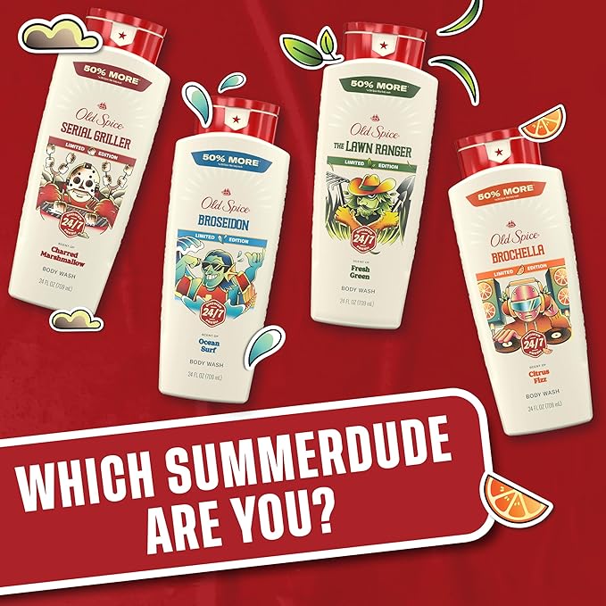 Old Spice Body Wash for Men, Summerdudes, 24/7 Shower Fresh with Daily Use, Long Lasting Scent, Cleanse & Refresh Skin, VIP Festival Experience, Brochella with Citrus Fizz Scent, 24 oz
