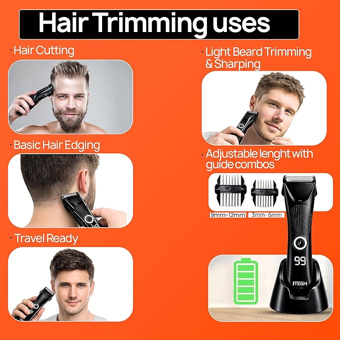 TEGH Men’s Beard & Hair Grooming Trimmer – Cordless Electric Beard & Hair Trimmer for Men, Rechargeable Waterproof Design with Adjustable Guards