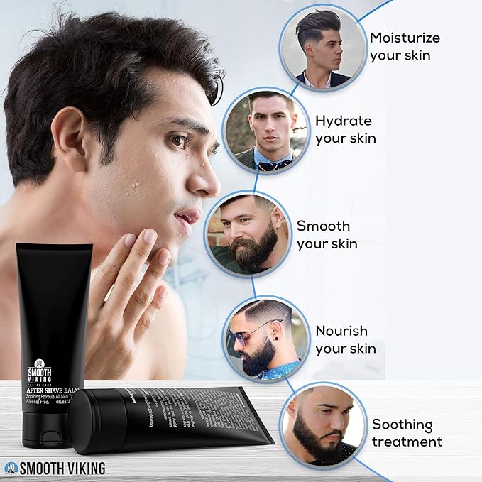 Smooth Viking Beard Care After Shave Balm For Men, Alcohol Free Mave Balm with Spiced Black Pepper Scents, Aftershave For Men, Soothing, Moisturizing - After Shave Lotion For Men Sensitive Skin (4 Oz)