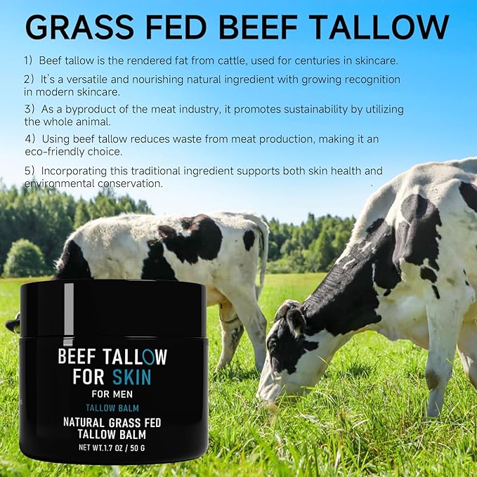 Beef Tallow for Skin, Beef Tallow Skin Care for Men, Mens Skincare Moisturizer for Face Neck Deeply Nourishing and Moisturizing, Unscented Original Tallow Face Moisturizer for Men, 1.7 OZ