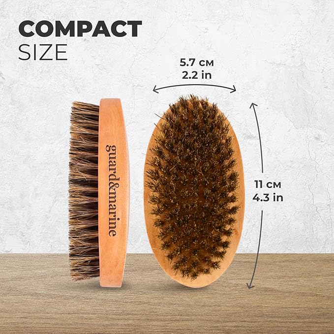 GUARD&MARINE 100% Boar Bristle Beard Brush for Men – Medium Firm Military Style Brush for Short Beard, Mustache & Waves – Natural Wooden Handle Grooming Brush