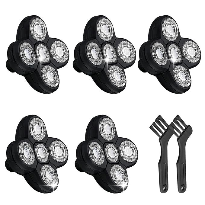 5 Replacement Heads for Universal Series Head Shaver, Waterproof Blade Electric Bald Men Freedom Grooming Waterproof Razor Refills Rotary Heads Design + 2 Cleaning Brushes for Father Husband Partner