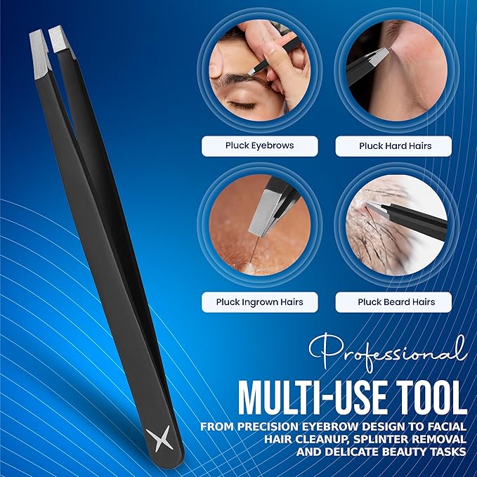 Professional Straight Stainless Steel Tweezers for Men & Women - Precision Eyebrow Facial Hair Removal with Strong Grip & Fine Point Tip (Matt Black)