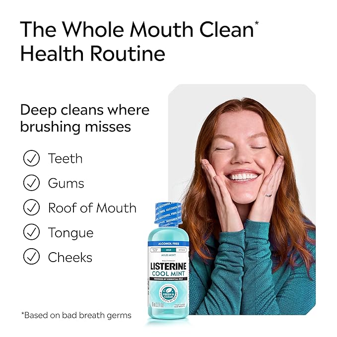 Listerine Cool Mint Alcohol-Free Mild Mouthwash, Oral Rinse Kills 99.9% of Germs that Cause Bad Breath, Less Intense Taste, Mild Mint Flavor, 3.2 fl. oz