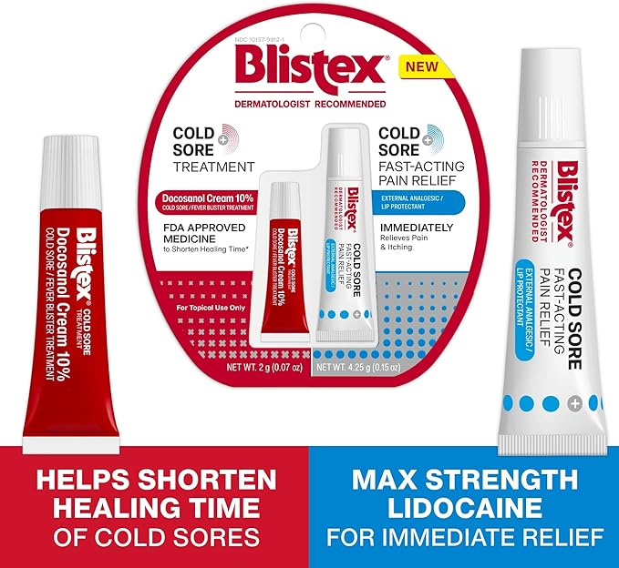 Blistex Cold Sore Kit – Cold Sore/Fever Blister Treatment Docosanol Cream 10% Shortens Healing Time (2g/0.7oz) – Fast-Acting Pain Relief Cream with Maximum Strength Lidocaine (4.25g/0.15oz)