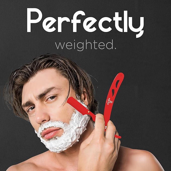 The Cut- Factory- Straight Razor with 20 Pack Platinum Treet Single Blade Razors for Men- Professional Barber Straight Edge Razor for Close Shaving 100 Percent Stainless Steel, Red