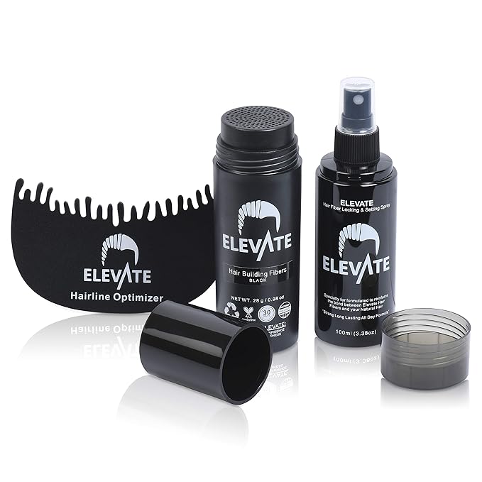 Elevate Hair Building Fibers 3-in-1 Kit for Thinning Hair (Black) Keratin Hair Thickening Powder with Fiber Lock Spray & Hairline Optimizer Comb - Instant Hair Concealer Waterproof for Men & Women